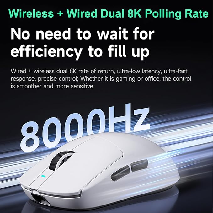 Hyekit MCHOSE A7 Ultra Wireless Esports Gaming Mouse Wireless/Wired Dual 8K Polling 42000 DPI PAW3950 Optical Sensor 59g Lightweight 5 Programmable Buttons 130 Hr Battery for PC &amp Mac - Wh