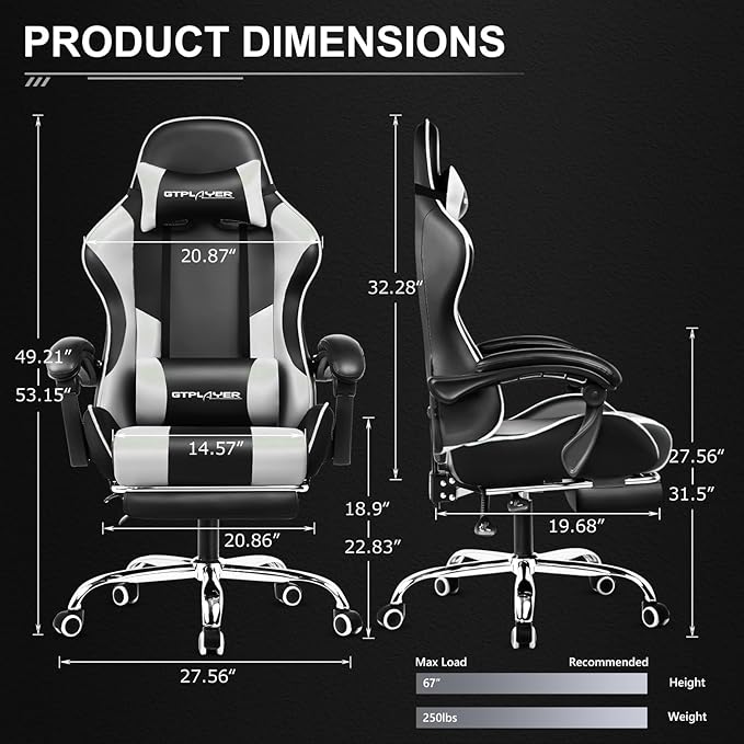 GTPLAYER Gaming Chair Computer Chair with Footrest and Lumbar Support Height Adjustable Game Chair with 360°-Swivel Seat and Headrest and for Office or Gaming (Pearl White)