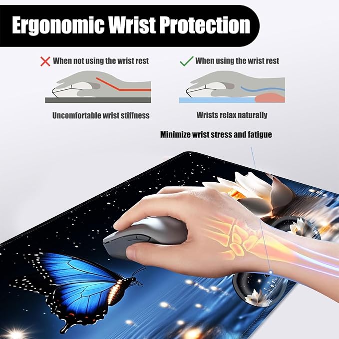Mouse PadLarge Desk Mat Set 4in1 XL Mousepad + Keyboard Wrist Rest+Mouse Wrist Rest+Coaster with Ergonomic Desk Pad for Home Office Table Computer Cover -Butterfly and Lotus at Night