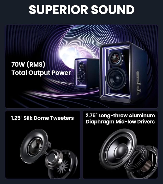 Edifier QR65 Desktop Active Monitor with 2.75 Long-Throw Aluminum Diaphragm mid-Low Drivers Hi-Res Audio Brilliant Light Effects 70W Output Power Bluetooth Speakers with Stands - Black