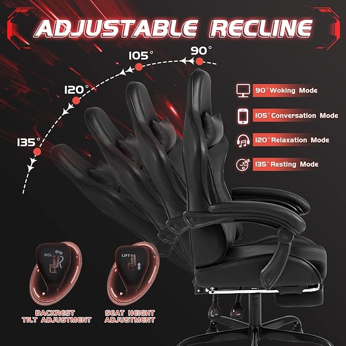 Shahoo Gaming Chair Video Gaming Chair with Footrest and Lumbar Support Ergonomic Computer Chairs with 360° Swivel and Height Adjustable Spin Chair with Headrest for Home Office Study Room (Black)