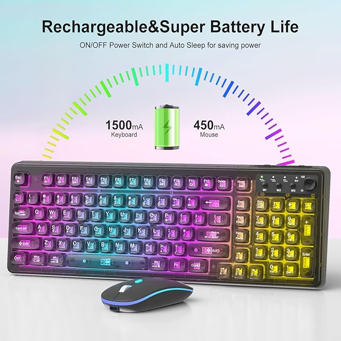 Black Light Up Keyboard and Mouse WirelessCute 2.4Ghz Cordless Rechargeable Transparent Backlit Keyboard15 Backlight EffectsVolume KnobRGB Mouse with 3 DPI for Mac Computer PC Laptop Desktop iPad