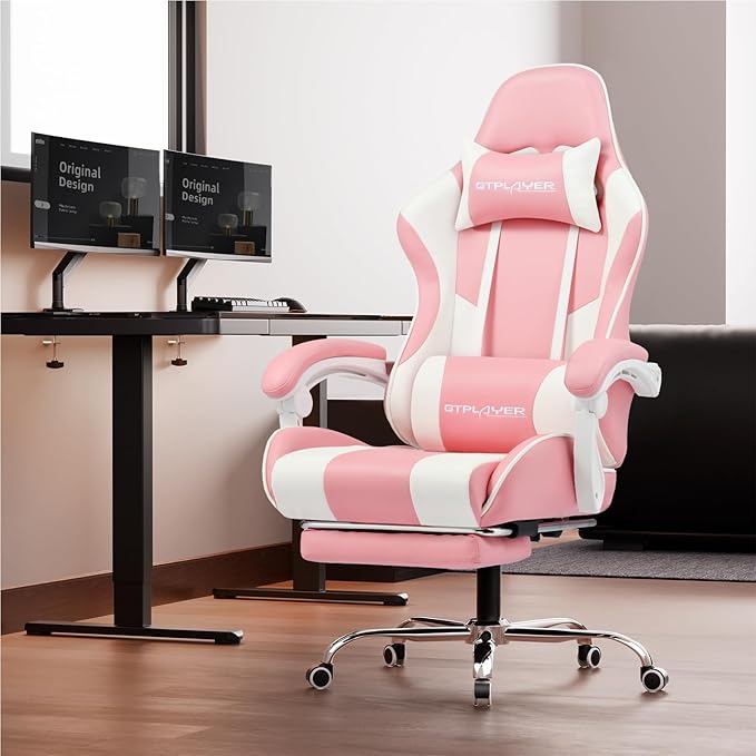 GTPLAYER Gaming Chair Computer Chair with Footrest and Lumbar Support Height Adjustable Game Chair with 360°-Swivel Seat and Headrest and for Office or Gaming (Faux Leather Pink)