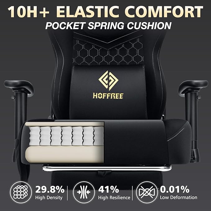 HOFFREE Gaming Chair Suede Fabric with Speakers Massage Gaming Chairs with Pocket Spring Cushion 165° Reclining Computer Office Chair for Adults Ergonomic Computer Chair with Footrest Black