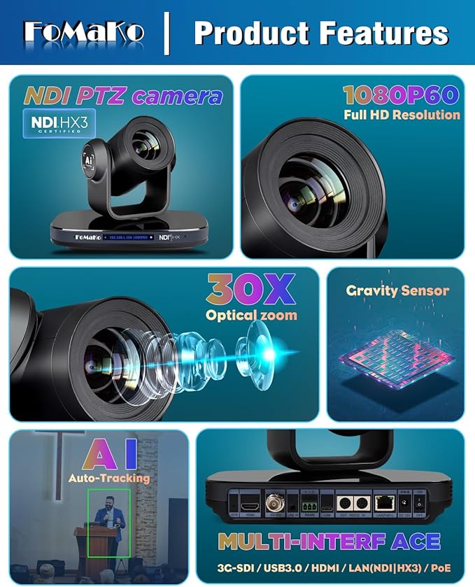 FoMaKo NDI PTZ Camera 3G-SDI HDMI 30X Optical Zoom1080P60 AI Auto-Tracking USB3.0 Type-C 3G-SDI HDMI for Church Worship (Official NDI 6 &amp NDI HX3 Certified) KN30Black Color