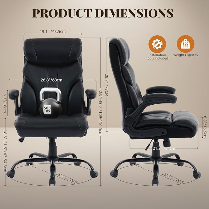 Office ChairBig and Tall Office Chairs 500LBS Wide Ergonomic Gaming Chair Executive Leather Computer Chairs with Adjustable Height &amp 360° Swivel Rolling Wheels for WorkBlack
