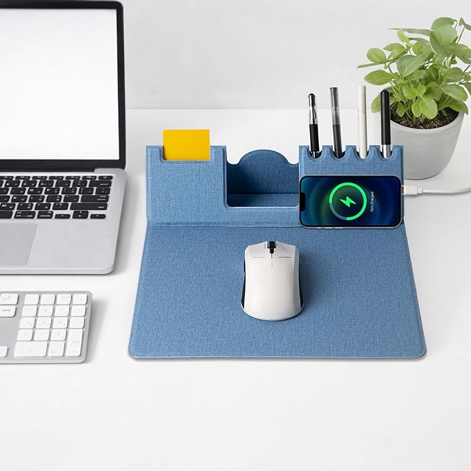 Mouse Pad with Phone Holder &amp Pen Holders Wireless Charging Desk Mat Mousepad Home Office Desk Pad with Ultra-Smooth Surface Non-Slip Base Waterproof Keyboard Pad Classic Blue Desk Mat