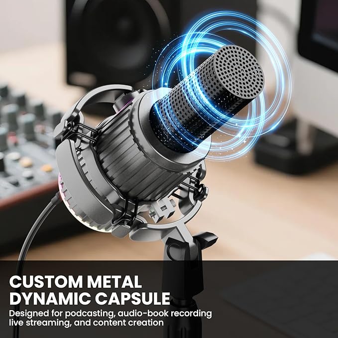 BASN USB/XLR Dynamic Microphone Live Streaming Gaming Recording with Three-in-One Mute ButtonRGB Lighting and MIC Stand for PC (Gray) SL2000