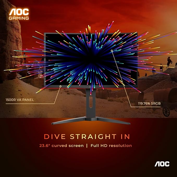 AOC C24G1A 24 Curved Frameless Gaming Monitor FHD 1920x1080 1500R VA 1ms MPRT 165Hz (144Hz supported) FreeSync Premium Height adjustable Black