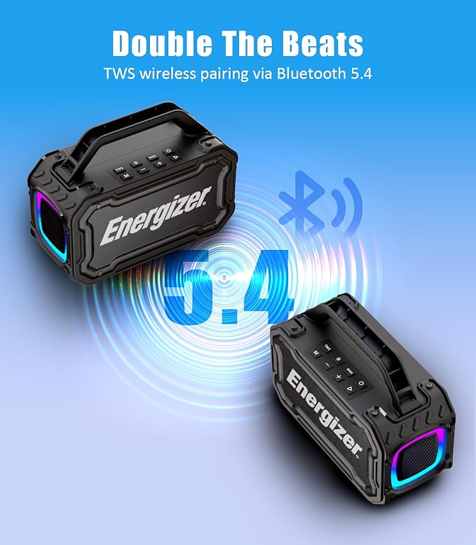 Energizer 100W Portable Wireless Bluetooth Speaker | 24-Hour Playtime | IPX6 Waterproof | Outdoor Ready | LED Light Show | TWS Pairing | Perfect for Outdoor Party Beach Camping Travel Garage