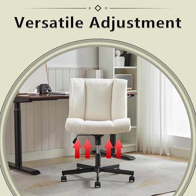 Armless Office Desk Chair with Wheels Cross Legged Wide ChairComfortable Adjustable Swivel Computer Task Chairs for Home OfficeMake Up Small Space Bed Room Load 250 LBS Easy Assembly Whtie
