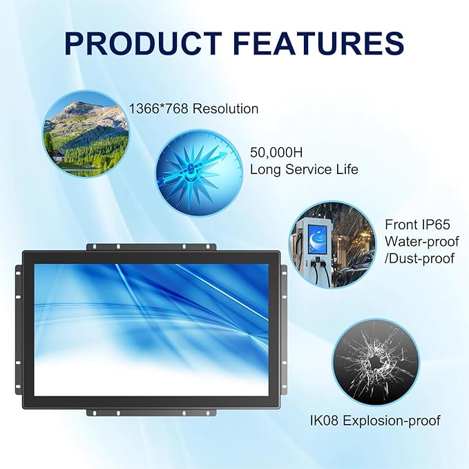 18.5 Inch Multi-Touch Industrial Touch Screen Monitor 1366x768 IP65 Waterproof IK08 Impact-Resistant Display with HD-MI VGA Port Open Frame Touch Monitor 16:9 Black