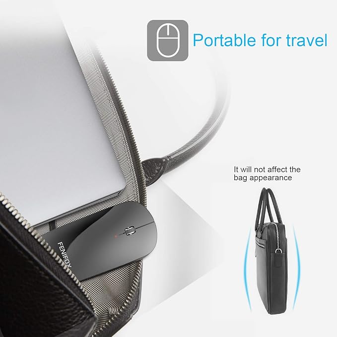 FENIFOX Wireless Bluetooth Mouse Ultra-Thin Flat and Slim Silent USB-C Rechargeable Travel Mini Portable Mouse for Mac iPad Laptop MacBook Tablet Chromebook - Black