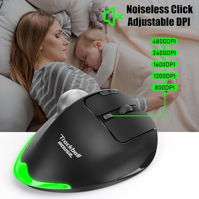 TRELC Wireless Trackball Mouse Ergonomic Rollerball Mouse with 4800 DPI/7 Programmable Buttons Thumb Control Mice Rechargeable Optical Mouse for 3 Devices for Windows PC Laptop Tablet (Black)