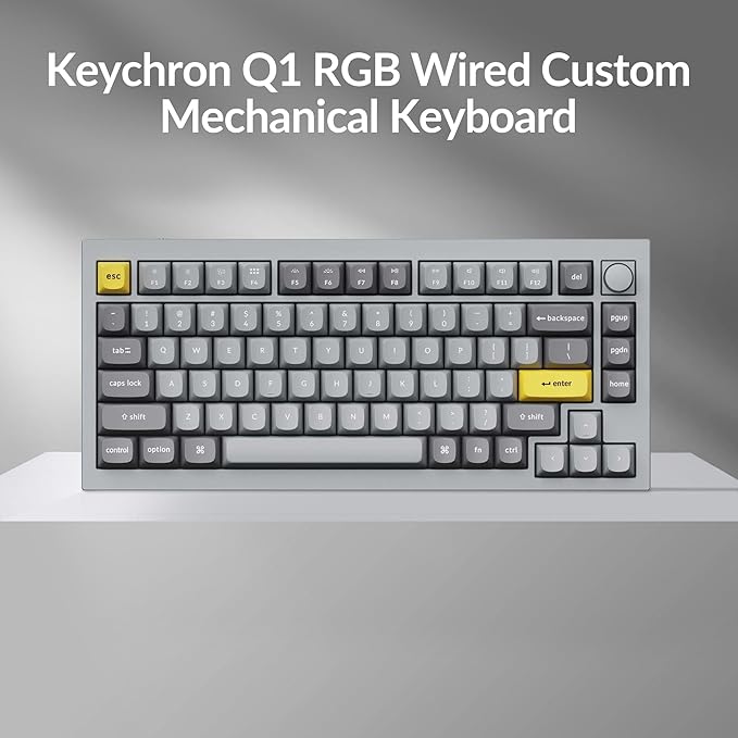 Keychron Q1 RGB Wired Custom Mechanical Keyboard 75% Layout QMK/VIA Programmable Macro with Hot-swappable Gateron G Pro Blue Switch Double Gasket Compatible with Mac Windows Linux (Grey) -Version 2