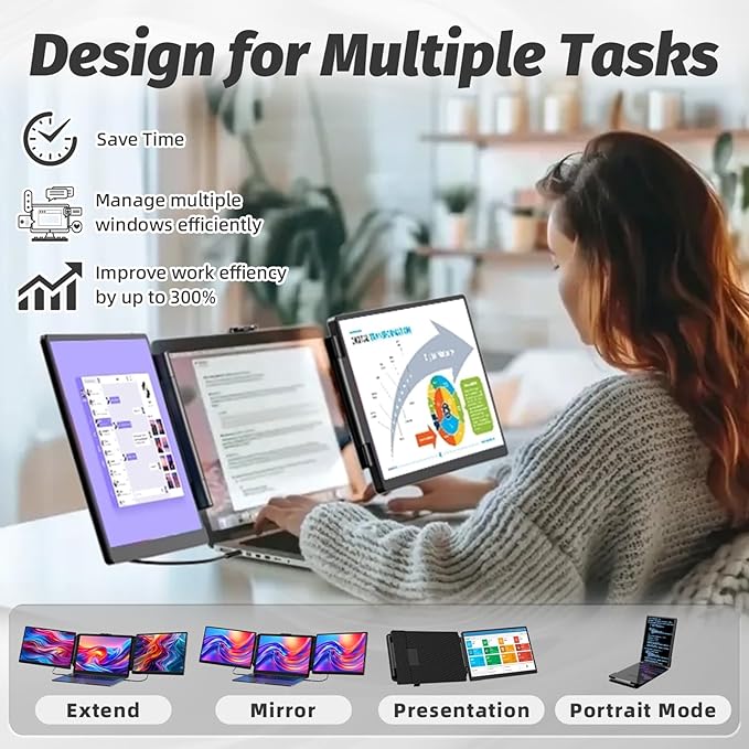 2K Laptop Screen Extender - 13 IPS 1440P Triple Screen Laptop Monitor Extender Plug &amp Play Multi Screen Attachment for 13-17 Laptops Compatible with Wins Mac Dex Chrome Travel Gaming Work