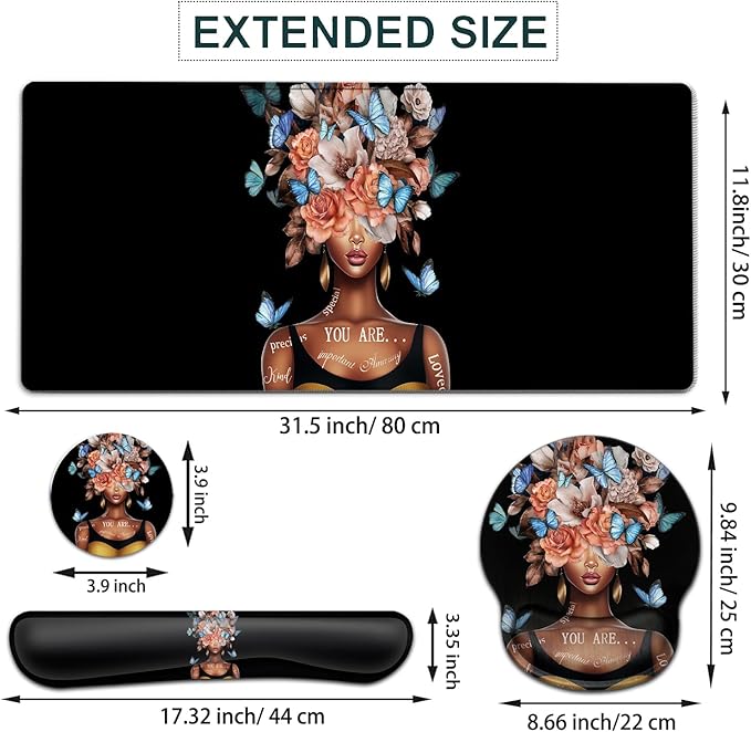 Large Mouse Pad Ergonomic Mouse Pad with Wrist Rest and Keyboard Wrist Rest 4 in 1 Set 31.5 x11.8 inch Extended Desk Pad for Home Office Flowers + African American Woman Black Gaming Mouse Mat