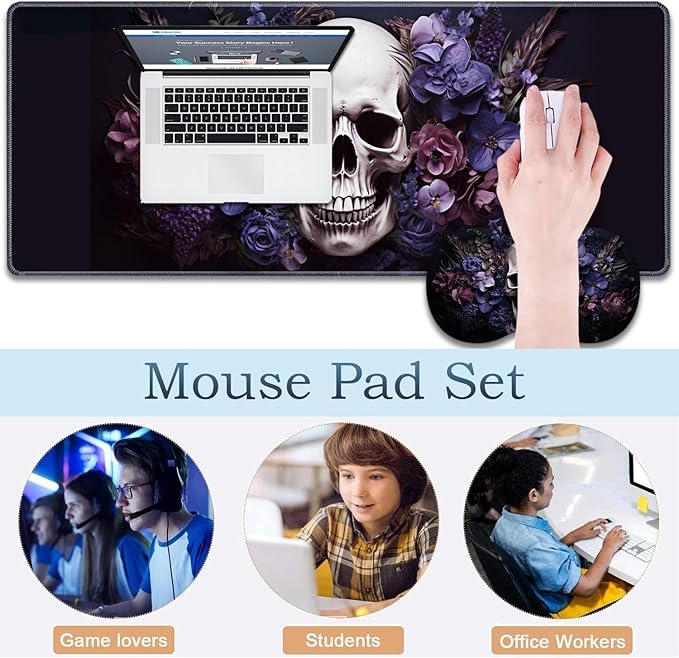 Large Gaming Mouse Pad + Wrist Rest + Lace Coaster Non-Slip Set with Sewn Edges and Waterproof Expandable Desktop Pad Suitable for Office/Home Skull Purple Flower