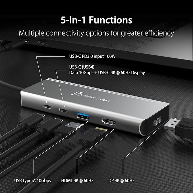 j5create USB4 Dual 4K Multi-Port Hub - 5 in 1 USB4 Hub Dual 4K Display (HDMI DisplayPort or USB-C) USB-A 2 x USB-C Ports for Macbooks Windows Thunderbolt 3/4 Laptops (JCD401)