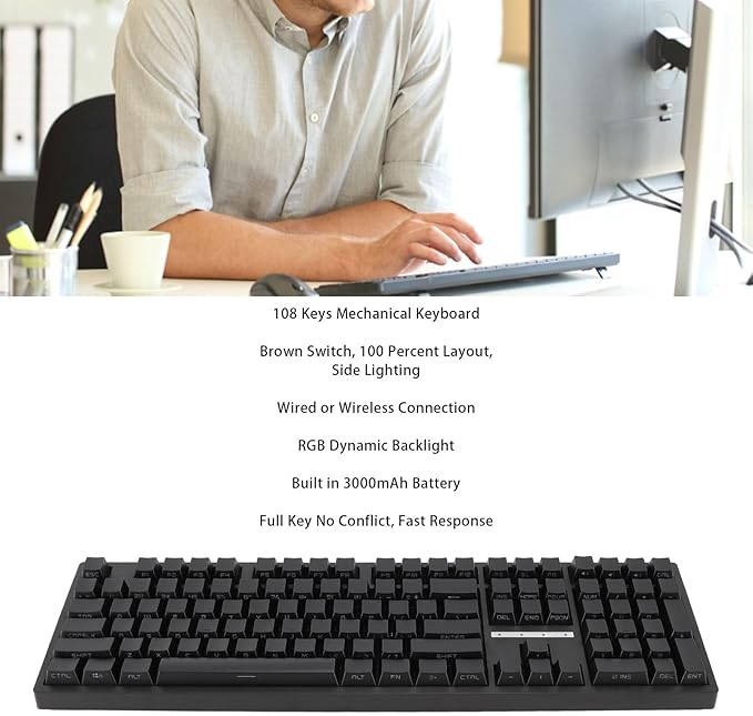Yoidesu Gaming Keyboard 2.4G / BT3.0 5.0/Type C Wired Mechanical Keyboard RGB Backlit 108 Keys Brown Switch Computer Keyboard for for for Vista