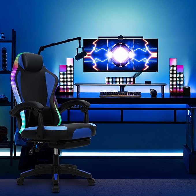 Gaming ChairComputer Gaming Chair for Adults and Kids Ergonomic Computer Chair for Girl with Footrest and Headrest Comfortable Reclining PC Game Chair High Back Music Video Chair Blue