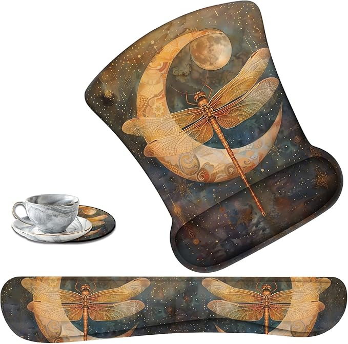 Keyboard Wrist Support + Wrist Mousepad + Coaster Combination Non-Slip PU Base with Gel Memory Mousepad Suitable for Gaming Office Pain Relief Mousepad Set - Vintage Dragonfly