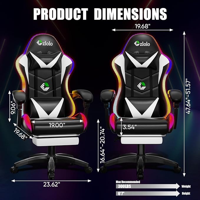 Gaming Chair RGB LED Lights Computer Chair with Footrest Lumbar Support Massager Gamer Chair High Back 90-135° Reclining Linkage Armrests White