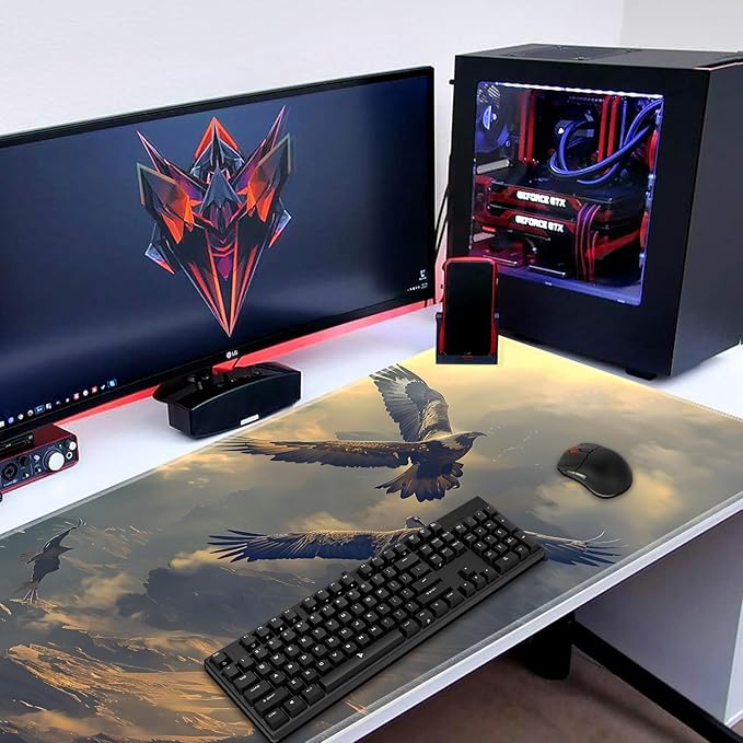 3-in-1 Large Mouse Pad Gaming Set (31.5 x 11.8 inch)+ Wrist Rest Pad + Coaster Memory Foam Gel Wrist Rest Pad for Pain Relief Stitched Edges Non-Slip Table Mat Flying Eagle
