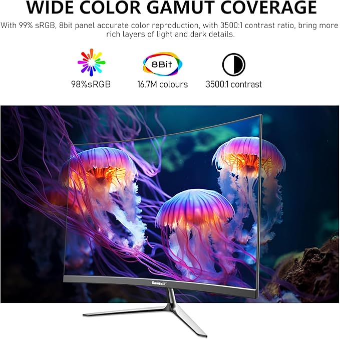 Gawfolk 24.5 Inch Gaming Curved Monitor Built-in Speakers 3000R 120Hz PC Screen Full HD 1080P HDMI 2.0 VGA Wall Mount Compatible 75 * 75mm