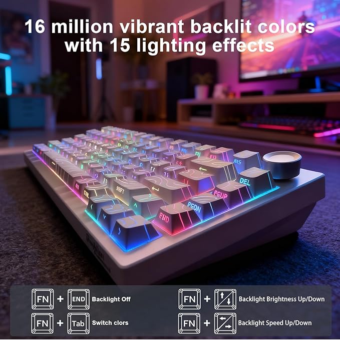 DstoPar Wireless Mechanical Keyboard75% Hot Swappable Gaming Keyboard with Multifunction knobSide Printed PBT KeycapsBluetooth5.0/Type-C/2.4G8000mAh K81 Mechanical Keyboard(Camouflage White