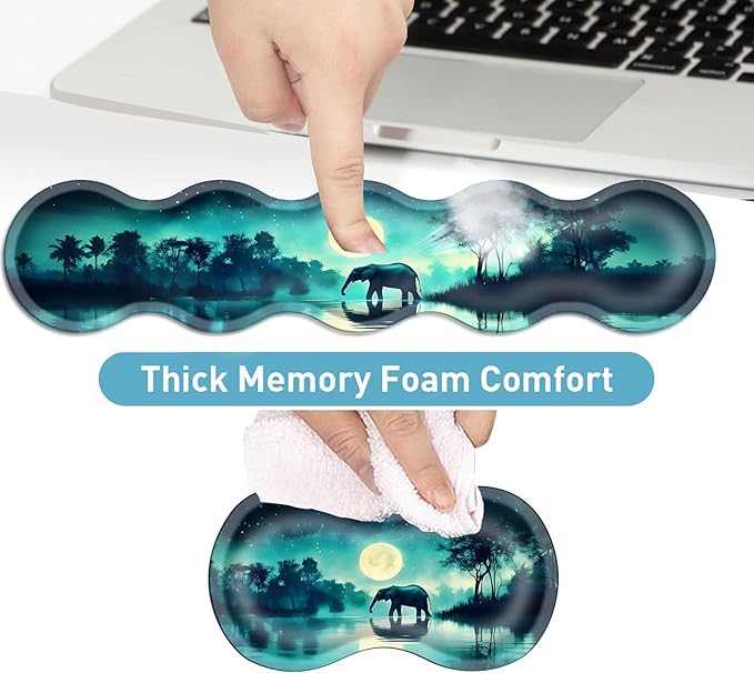 Keyboard Mouse Pad Set Extended Gaming Mouse Pad+Ergonomics Keyboard Wrist Rest Support Memory Foam Easy Typing Pain Relief 4Pcs XL Ultra Thick Desk MatMoonlit Elephant in Water
