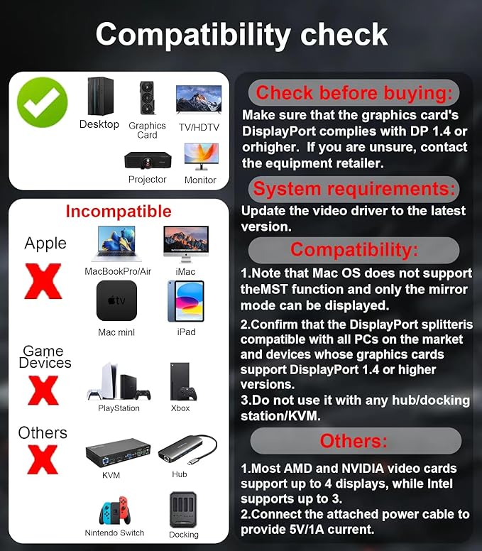 Reborn DisplayPort to Dual HDMI Splitter and DP Adapter 4K@60Hz DP Source to 2 HDMI and DisplayPort Adapter 1 in 3 Out Splitter Extended Display with PC Graphics Card Lenovo HP and More