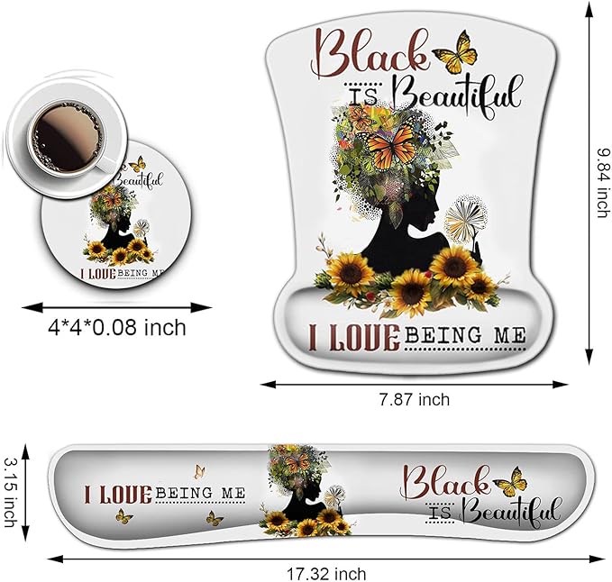 White Mouse Pad with Stitched Edge Non-Slip Rubber Base Black Women Butterfly Faith Art and Sunflower Office Accessories Desk Decor for Computers with Wrist Guard and Keyboard Wrist Guard Set