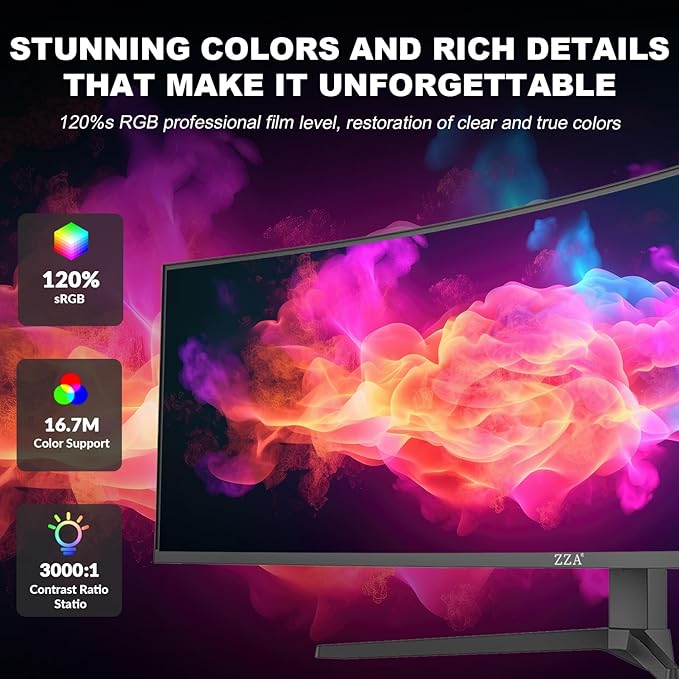 ZZA 49 Curved Gaming Monitor | 49 Inch Screen 5120x1440 Dual QHD 120Hz 1500R 32:9 Ultra-Wide AMD FreeSync 120% sRGB Height Adjustable HDMI 2.1 &amp DisplayPort VESA Mount