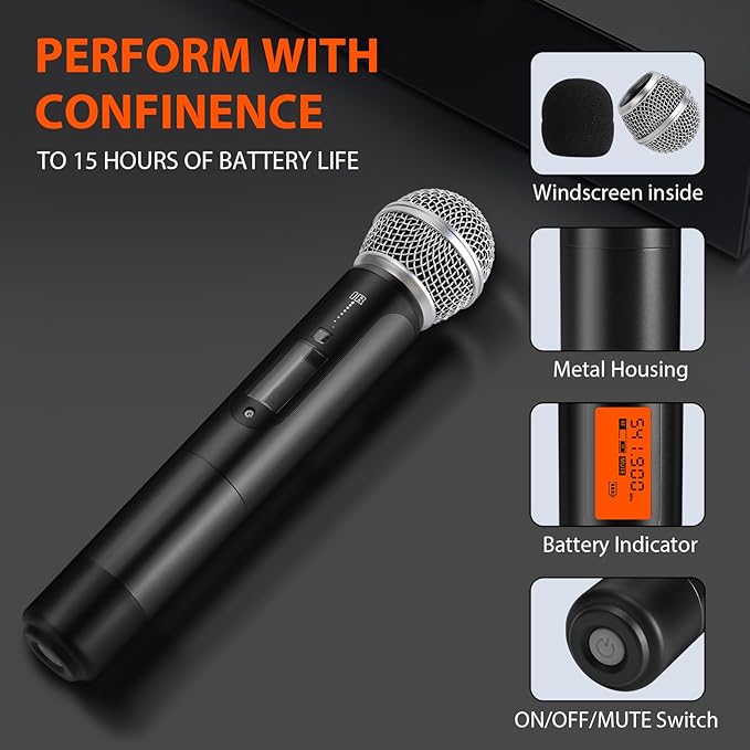 200-Channel Wireless Microphones System Dual UHF Metal Cordless Mic Set Auto Scan Long Range 200-240Ft16 Hours Use for Karaoke Singing Church 2022 Version(WM333)