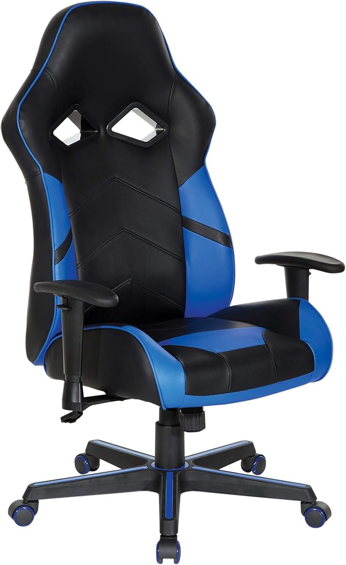 OSP Home Furnishings Vapor Ergonomic Adjustable High Back Faux Leather Gaming Chair with Coil Spring Seat and Integrated Cooling Airflow Blue Accents