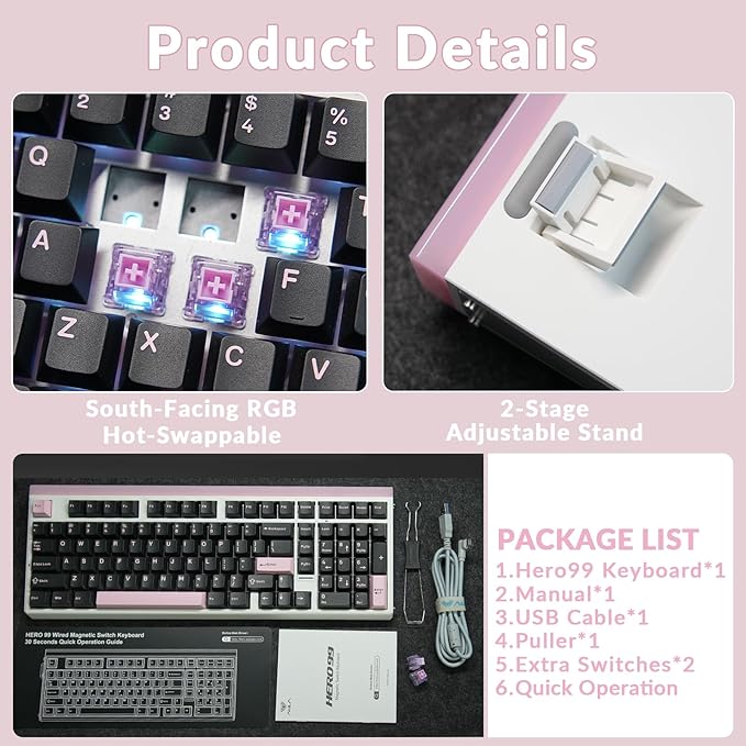 AULA Hero 99 Wired Gaming Keyboard Hall Effect Keyboard with Rapid Trigger Mode Hot Swappable Magnetic Switch Keyboard with Number Pad Web DriverRGB Backlit Mechanical Keyboard for Office PC Gamer