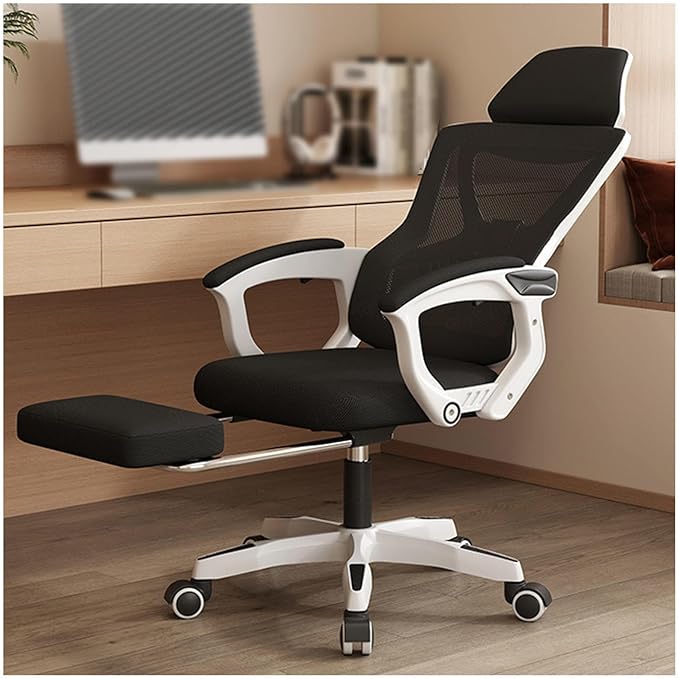 Office Chair with Leg Rest Headrest and Backrest 90-135 AdjustableWheels 360 Swivel Comfortable Chair for HomeBedroomStudyStudentAdultsWhite+Black