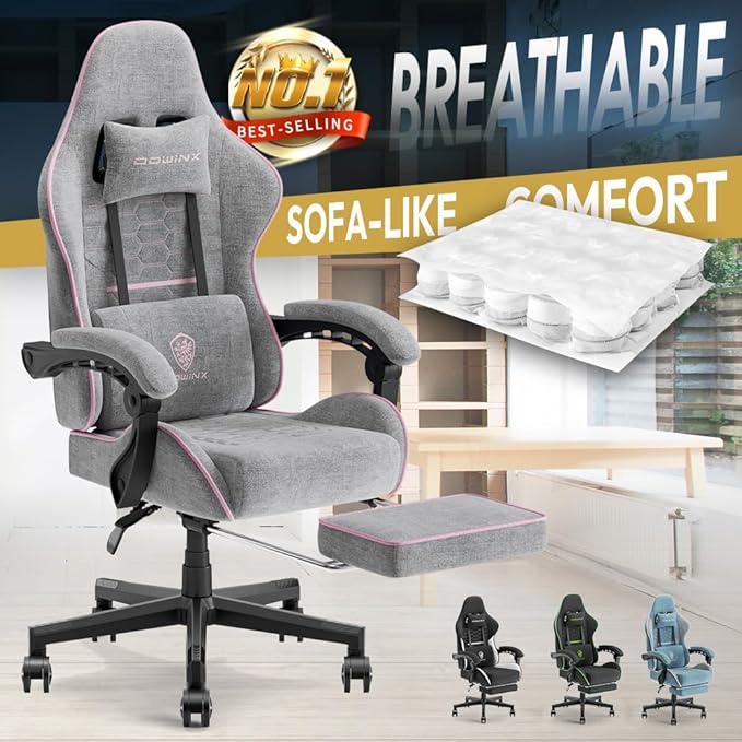 Dowinx 5TE8 Gaming Chair Fabric with Pocket Spring Cushion Massage Game Chair Cloth with Headrest Ergonomic Computer Chair with Footrest 290LBS