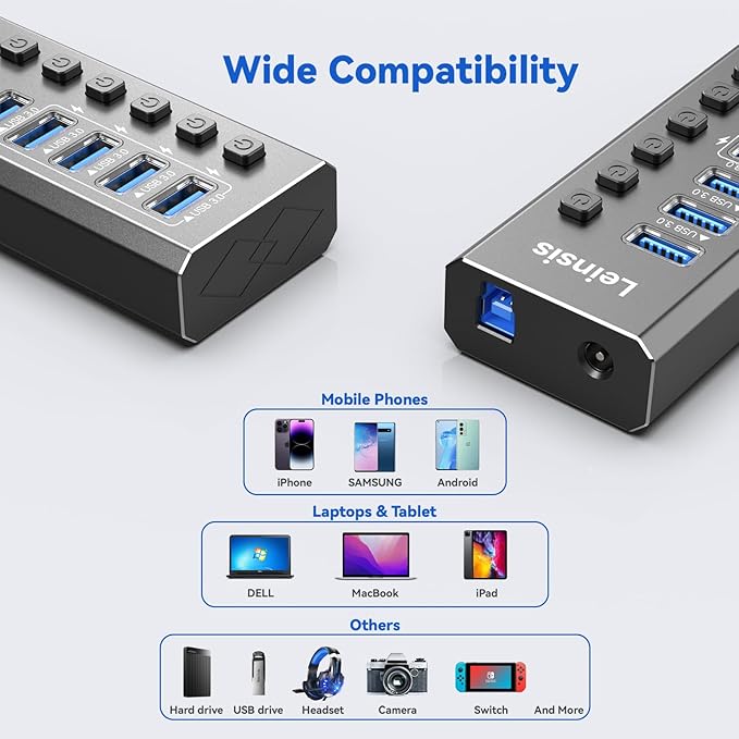 Powered USB Hub 3.0 Leinsis 7-Port USB 3.0 Hub [Durable Aluminum] 7 Data Transfer Ports+ 4 Smart Charging Ports with Individual On/Off Switches USB Hub 3.0 Powered with Power Adapter for Laptop PC