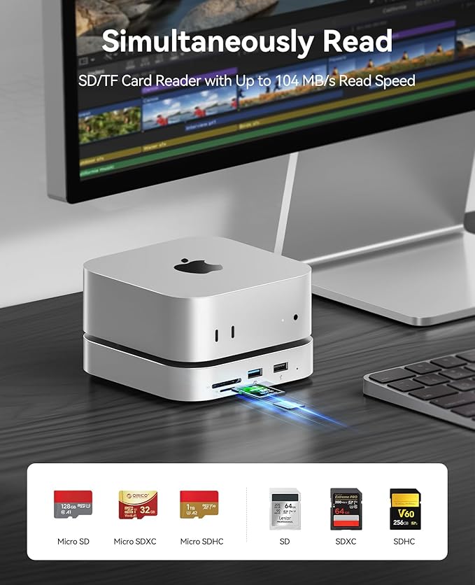 ORICO MiniLink Mac mini M4 Hub with SATA SSD Enclosure 5Gbps(480MB/s) USB 3.0 Port SD 3.0/TF 3.0 Card Readers 3.5mm Headphone Jack and Microphone Jack (M410P)