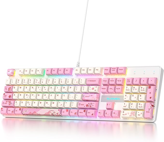 surmen Full Size Pink Keyboard with Number Pad 104 Keys RGB Wired Mechanical Gaming Keyboard Backlit with PBT Keycaps Linear Red Switch for Laptop Desktop PC Gamers（104 Ying）