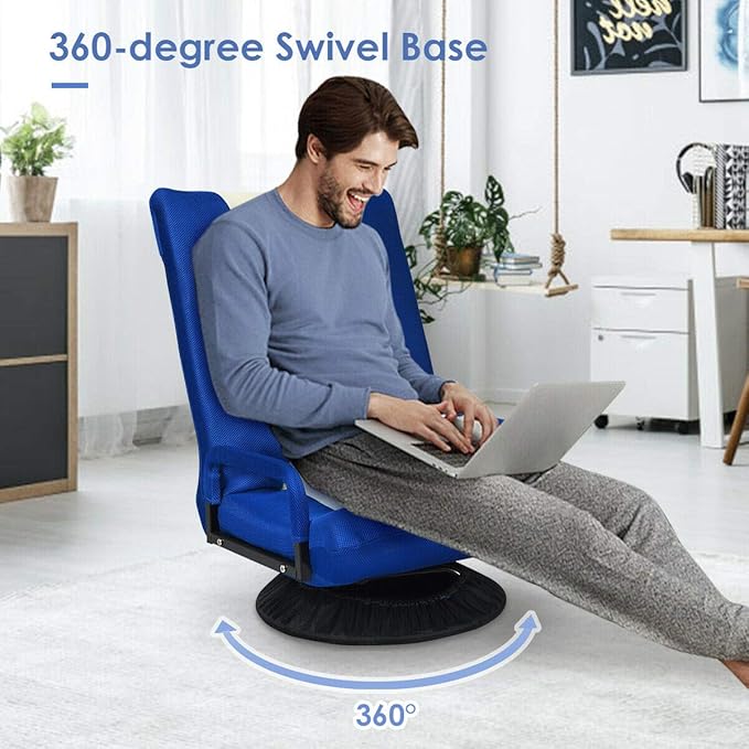 DORTALA 360 Degree Swivel Gaming Floor Chair 6-Position Adjustable Folding Floor Chair Comfortable Padded Backrest Lazy Sofa Chair Game Rocker for Teens Adults Blue