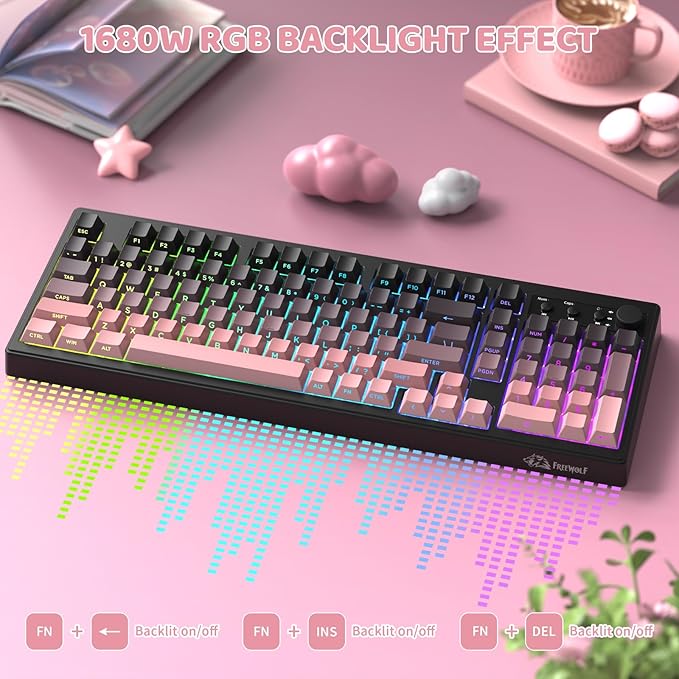 ZIYOU LANG K100 Wireless Gaming Keyboard99 Keys Tri-Mode BT/2.4GHz/USB-C Creamy Color Keyboard with Number Pad RGBMedia Knob Custom Programmable Computer Keyboards for PC/Mac/Xbox (Pink)