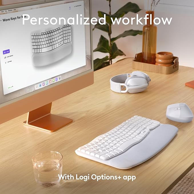 Logitech Wave Keys for Mac Wireless Ergonomic Keyboard with Cushioned Palm Rest Comfortable Natural Typing Bluetooth Keyboard Easy-Switch Optimized for Mac Apple iPad - Off White