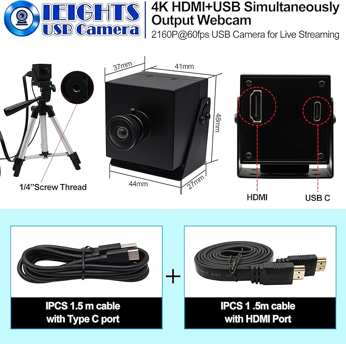 4K 60fps HDMI Webcam USB3.0 Camera Dual Output Wide Angle 120degree Low Distortion Lightburn_Camera 2X Digital Zoom Webcamera H.264 High Speed USB Security Cameras for Computer TV Monitor