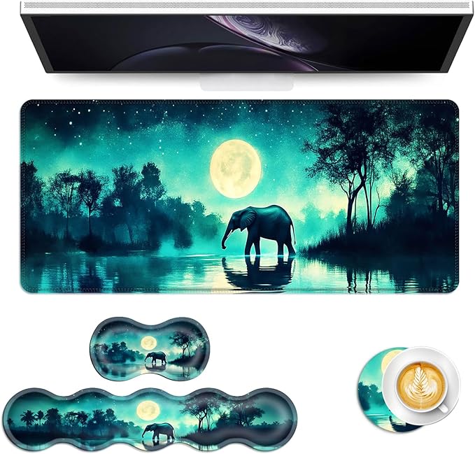 Keyboard Mouse Pad Set Extended Gaming Mouse Pad+Ergonomics Keyboard Wrist Rest Support Memory Foam Easy Typing Pain Relief 4Pcs XL Ultra Thick Desk MatMoonlit Elephant in Water