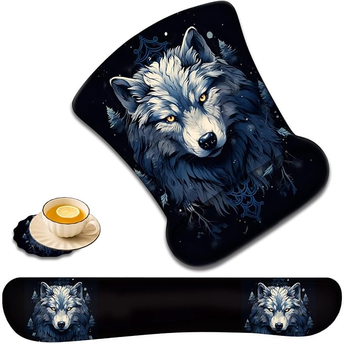 Keyboard Wrist Rest and Mouse Pad Wrist Support with Lace-Shaped Coaster Set Ergonomic Gel Memory Foam and Anti-Slip Base Easy Typing and Pain Relief - Night Moon Wolf