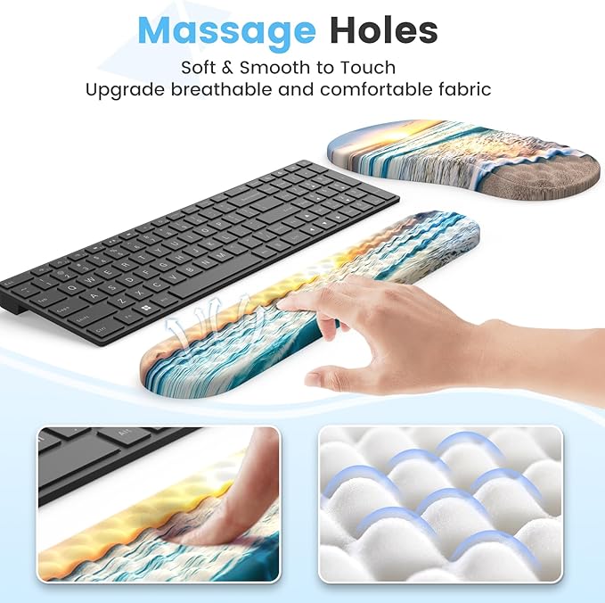 HAOCOO Ergonomic Mouse Pad with Wrist Rest and Keyboard Wrist Rest Pad Wrist Rest for Computer Keyboard and Mouse Pad Cushion Set Typing Mousepad with Wrist Support for Office Laptop Beach