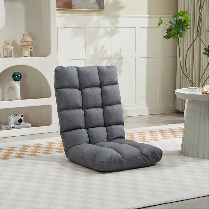Folding Floor Gaming Chair with Back Support 14-Position Adjustable Recliner - Padded Cushion with Breathable Linen &amp Cotton Blend for Adults &amp Kids Perfect for Gaming Reading &amp Meditat